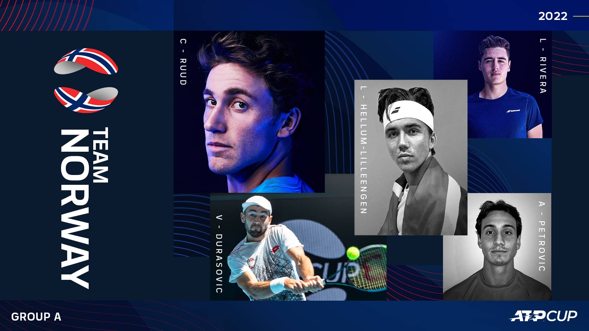 Årets landslag består av Casper Ruud, Viktor Durasovic, Lukas Hellum-Lilleengen, Leyton Rivera og Andreja Petrovic. Bildet er hentet fra atpcup.com.